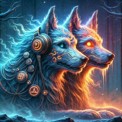 The primary subject of the image is a pair of wolves with headphones on. They are sitting in a forest setting, surrounded by trees. The wolves are depicted in a digital art style, giving them a unique and creative appearance. The dominant colors in the image are blue and orange, creating a vibrant and lively atmosphere.